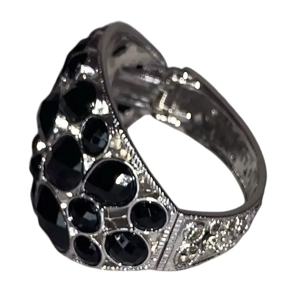 Black Rhinestone Statement Cuff‎ Bracelet Silver Hinged Wide Glam